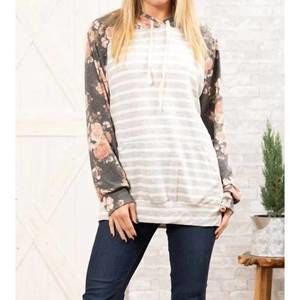 NEW HEIMISH USA stripe hoodie in charcoal floral heather grey